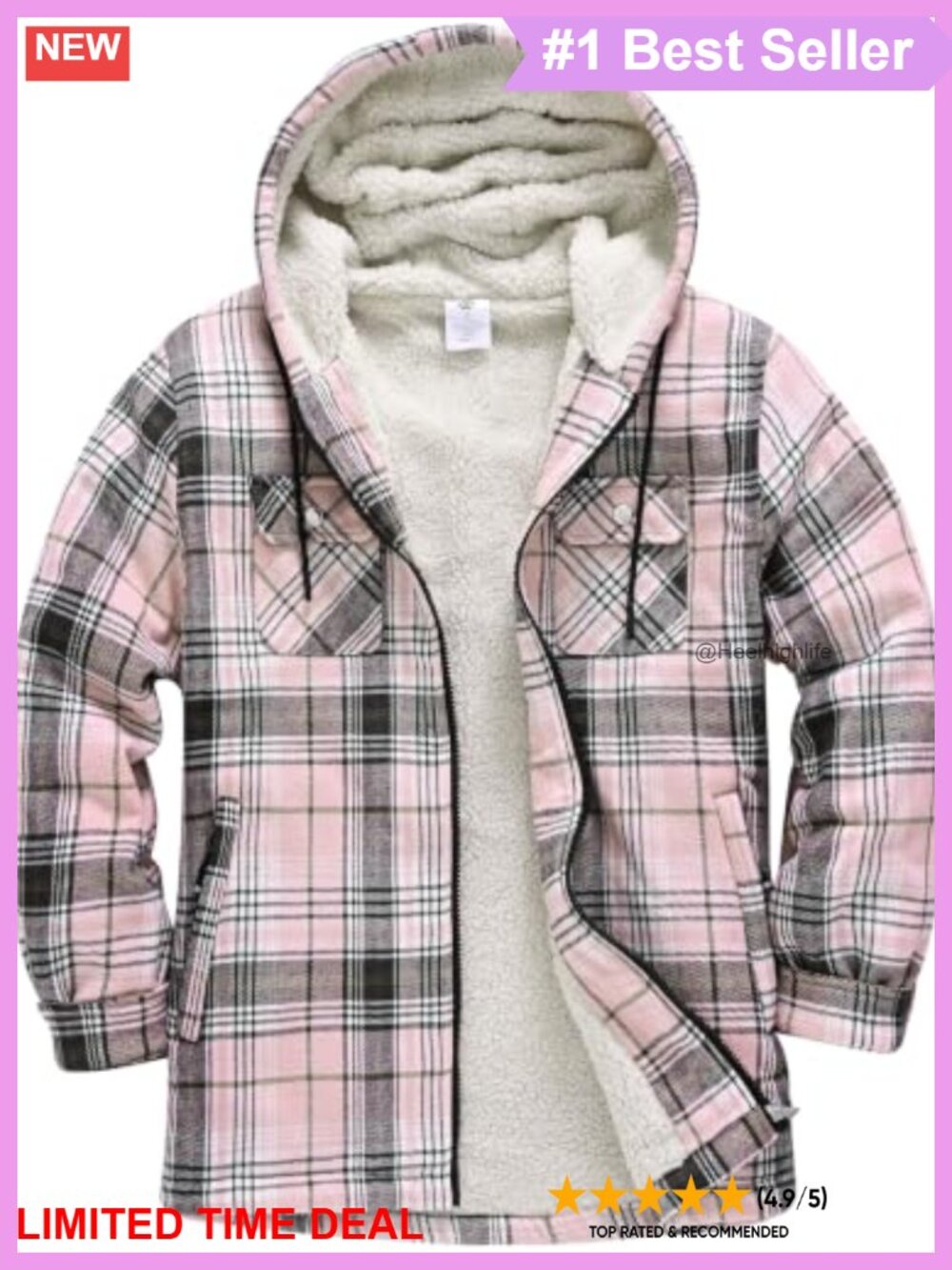 Plus Size Plaid Sherpa Lined Fleece Hoodie Zip Up Jacket
